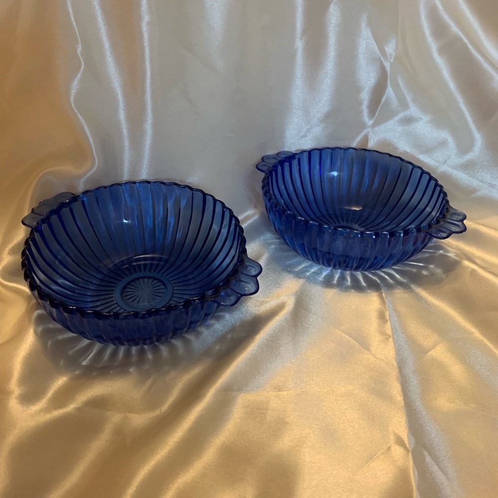 Set Of 2 Vintage Cobalt Blue Glass Bowl Ribbed Cup - Possibly Pyrex? - VIEW PICS